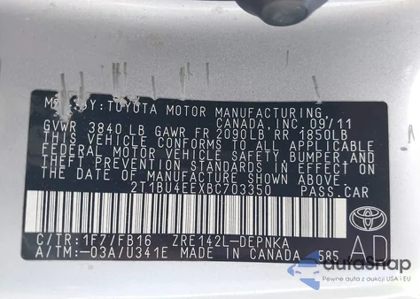 2011 Toyota Corolla Le из США, поврежденный, VIN 2T1BU4EEXBC703350